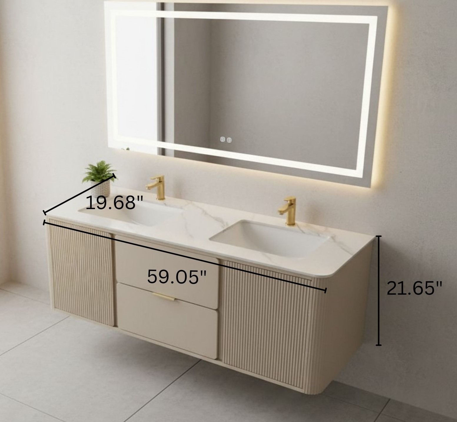 Rosetta 60 inch Floating Bathroom Vanity, Water Resistant Wood Cabinet, Heavy Duty Sintered Stone Counter Top, Double Ceramic Sinks (Greige) - Image 2