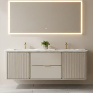 Rosetta 60 inch Floating Bathroom Vanity, Water Resistant Wood Cabinet, Heavy Duty Sintered Stone Counter Top, Double Ceramic Sinks (Greige)