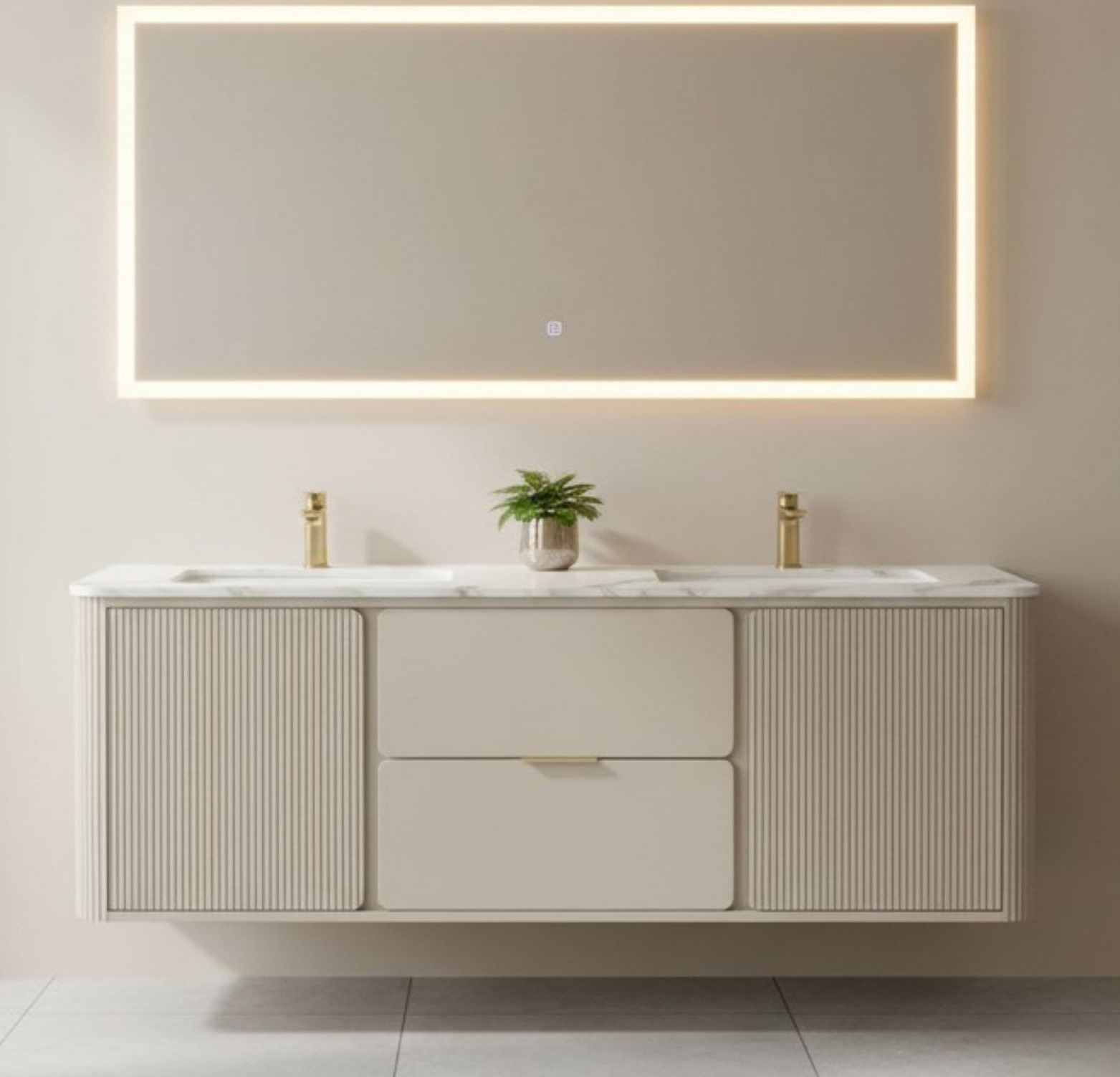 Rosetta 60 inch Floating Bathroom Vanity, Water Resistant Wood Cabinet, Heavy Duty Sintered Stone Counter Top, Double Ceramic Sinks (Greige)