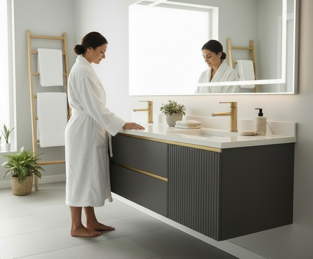 Balera 60" Wall Mount floating Bathroom Vanity, Sintered Stone top, with Double Ceramic Sinks, (Grey) - Image 3