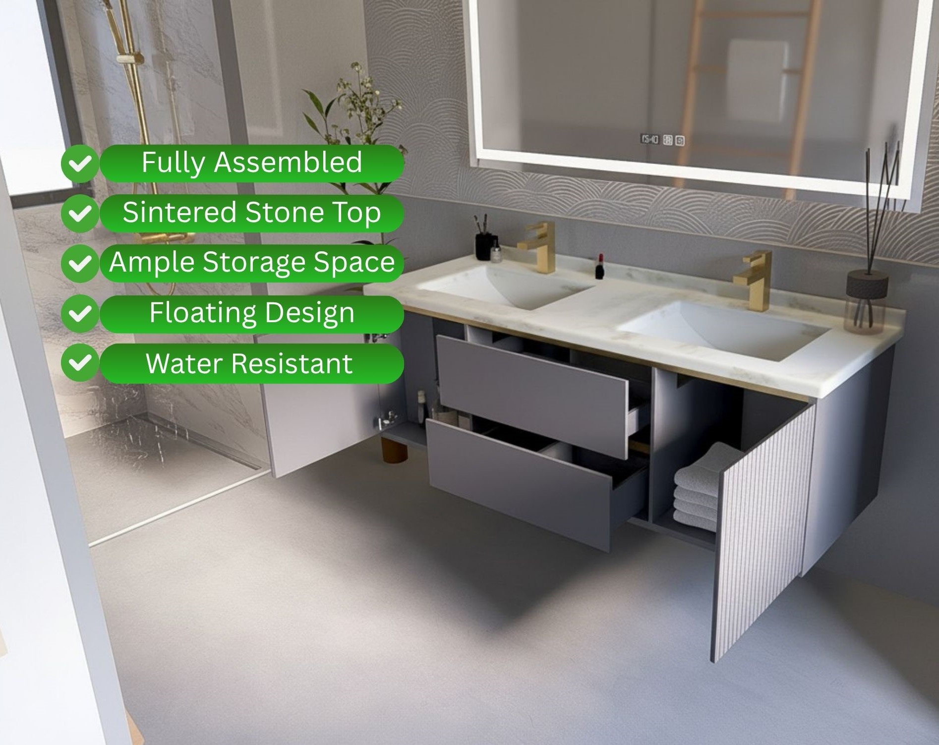 Balera 60" Wall Mount floating Bathroom Vanity, Sintered Stone top, with Double Ceramic Sinks, (Grey) - Image 5