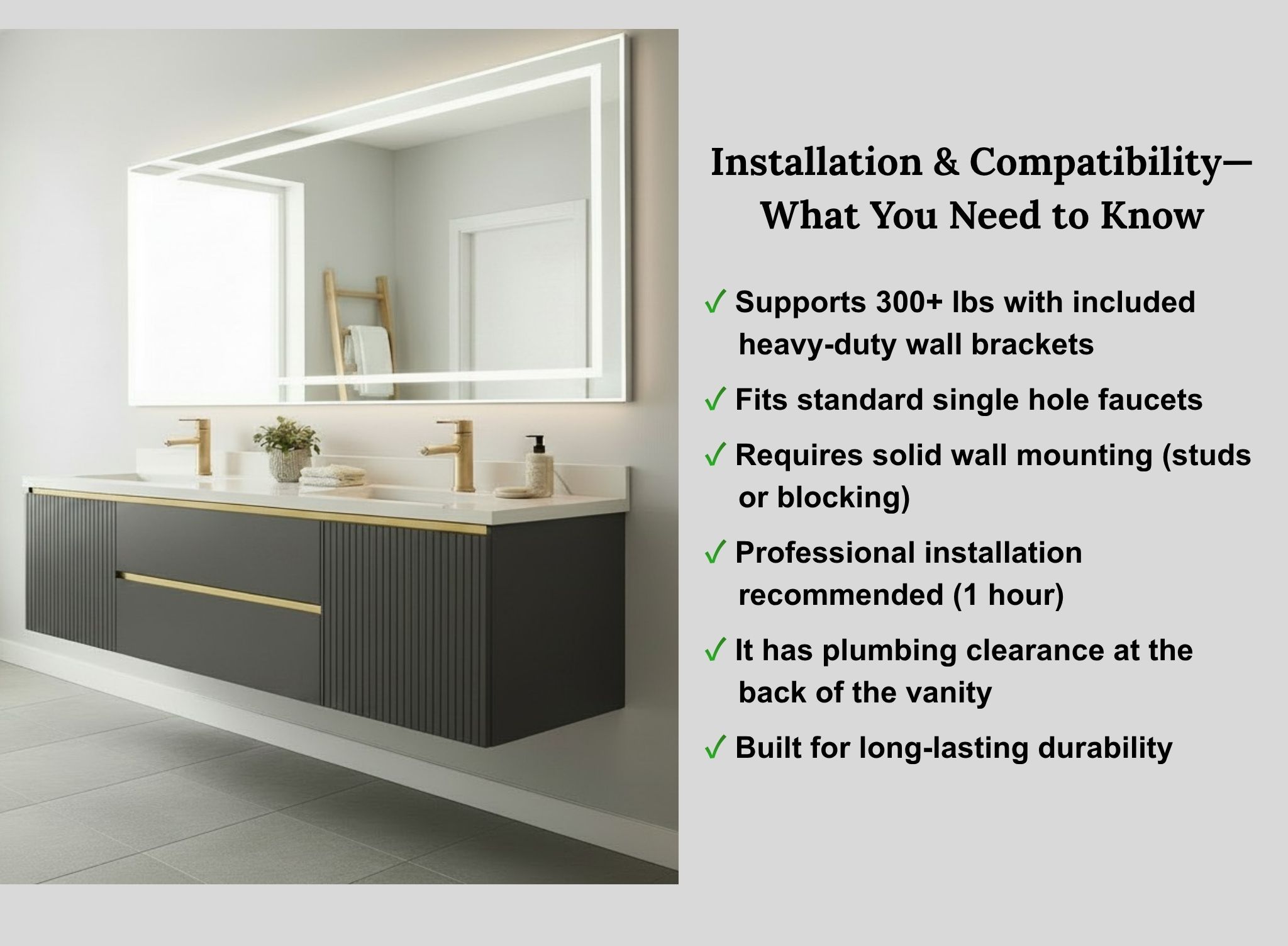 Balera 60" Wall Mount floating Bathroom Vanity, Sintered Stone top, with Double Ceramic Sinks, (Grey) - Image 6
