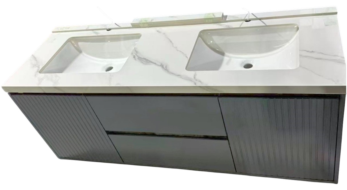 Balera 60" Wall Mount floating Bathroom Vanity, Sintered Stone top, with Double Ceramic Sinks, (Grey) - Image 7
