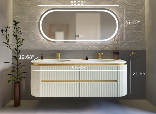 Ravena 60" Wall-mount Bathroom Vanity with LED Smart Mirror, Double Sinks (White) - Image 5