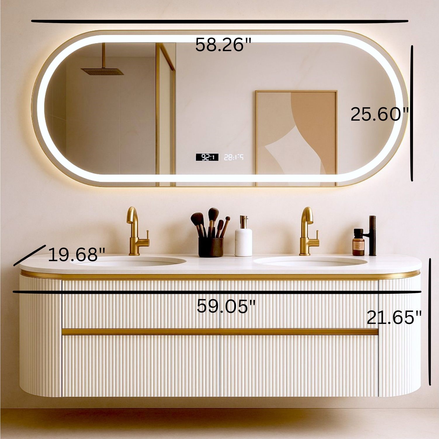 Ravena 60" Floating Bathroom Vanity with LED Smart Mirror, Heavy Duty Sintered Stone countertop, Double Ceramic Sinks, Wood Cabinet, Ravena (White) - Image 3