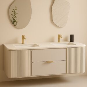 Rosetta 60 inch Floating Bathroom Vanity, Water Resistant Wood Cabinet, Heavy Duty Sintered Stone Counter Top, Double Ceramic Sinks (Greige)