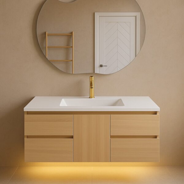 48-Inch-bathroom-vanity-wood-oak natural color with LED warm light