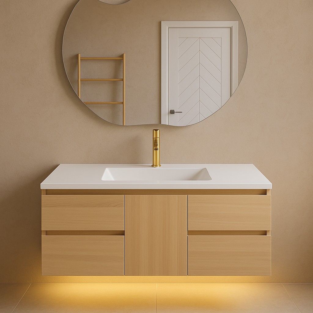48-Inch-bathroom-vanity-wood-oak natural color with LED warm light