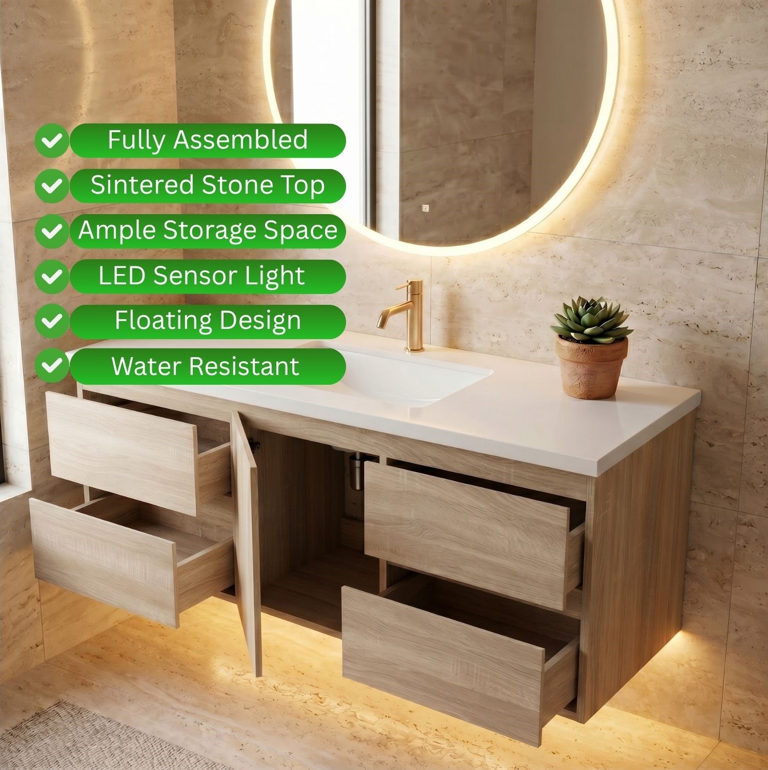 Silvana 48" Floating Bathroom Vanity with LED Light Sensor, Sintered Stone countertop, Single Ceramic Sink (Natural Oak) - Image 6