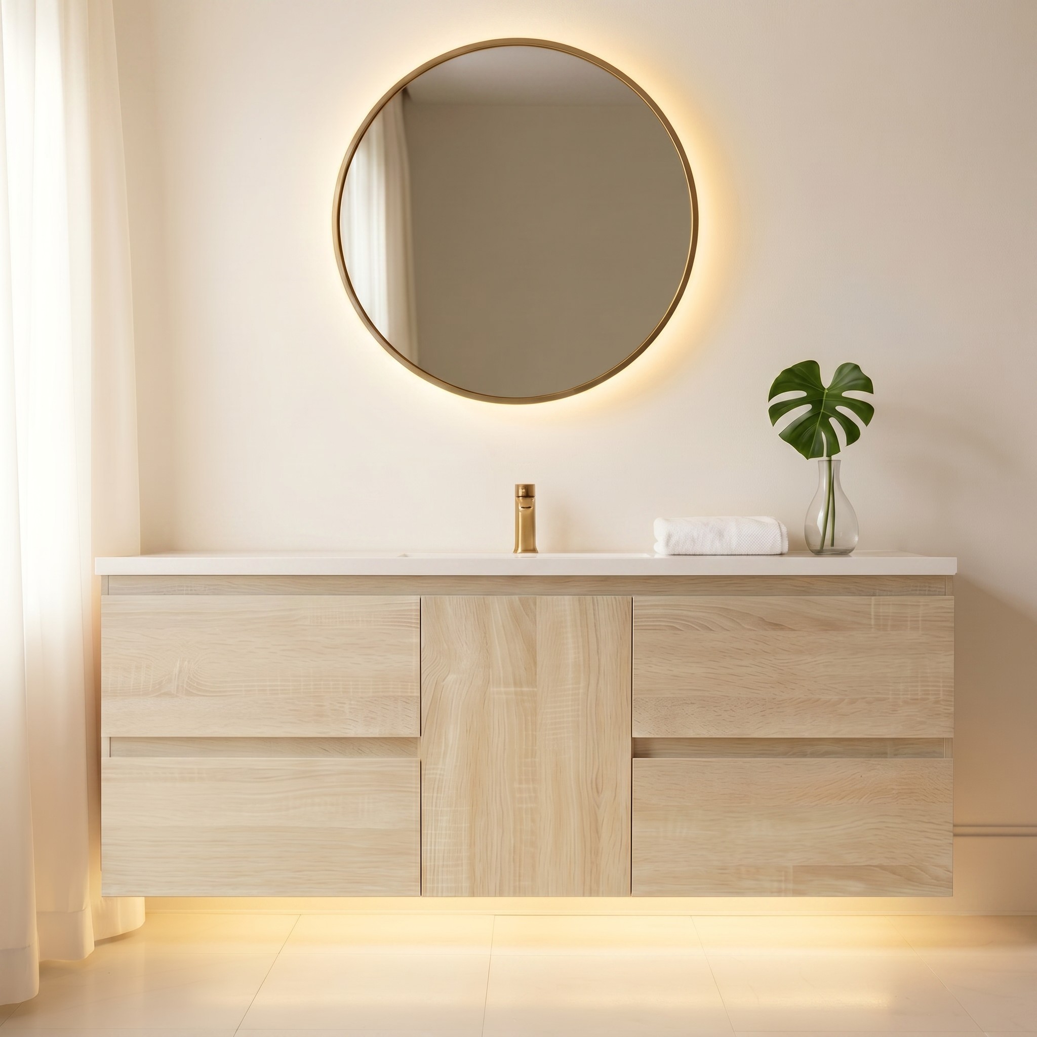 Silvana 48" Floating Bathroom Vanity with LED Light Sensor, Sintered Stone countertop, Single Ceramic Sink (Natural Oak)