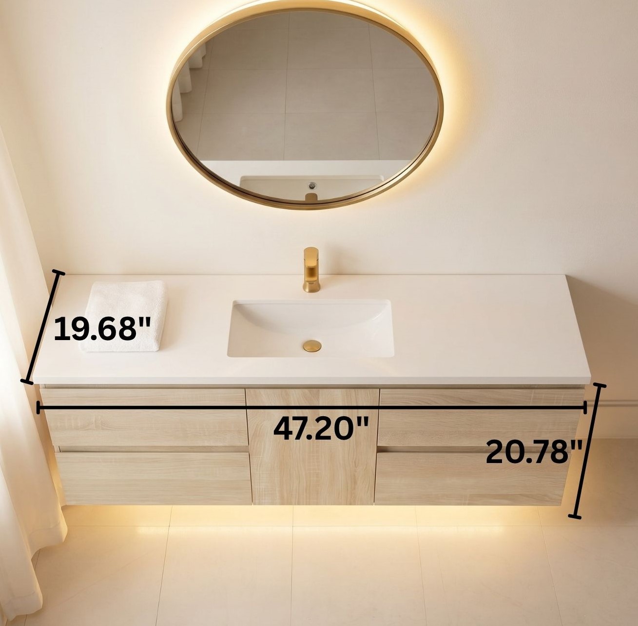 Silvana 48" Floating Bathroom Vanity with LED Light Sensor, Sintered Stone countertop, Single Ceramic Sink (Natural Oak) - Image 3