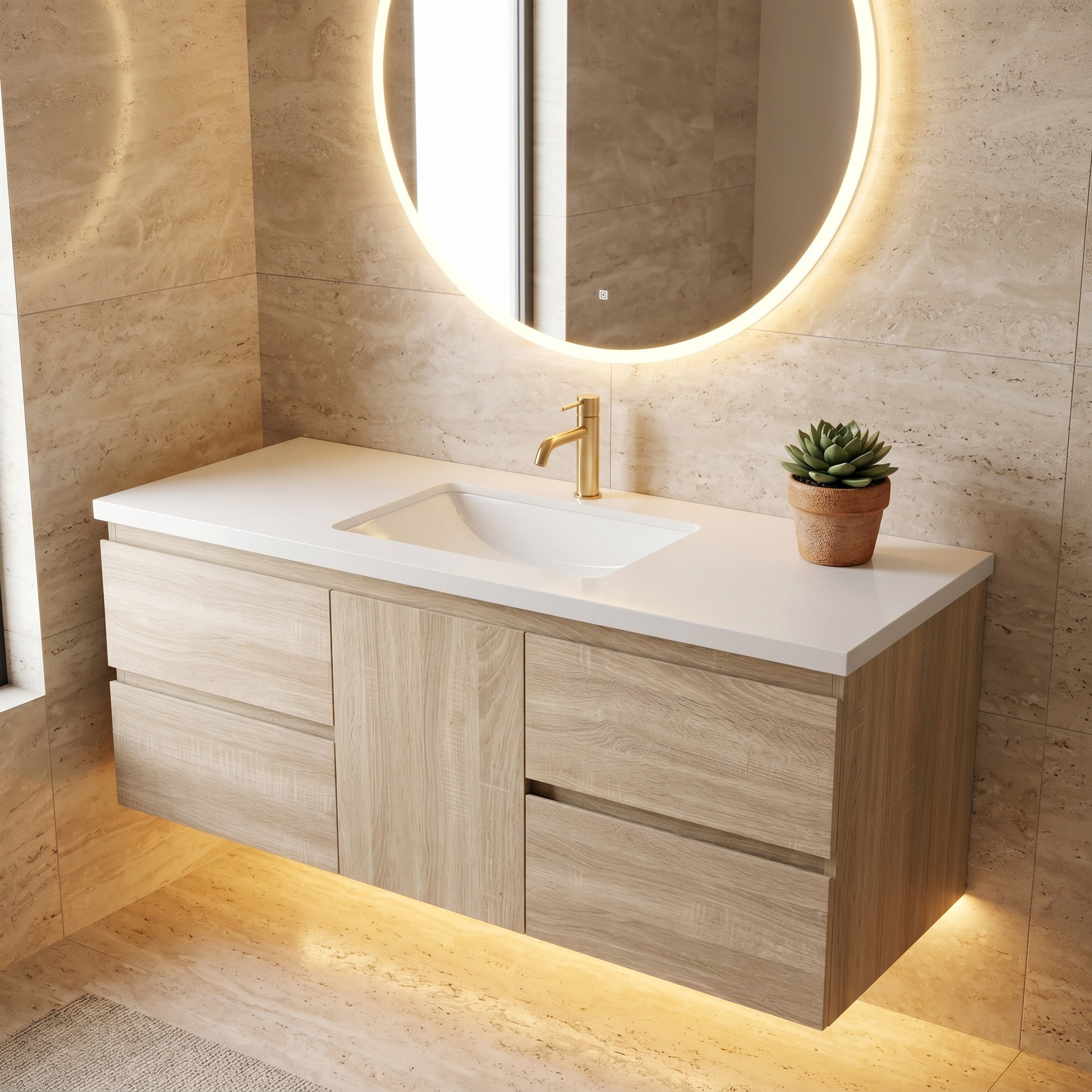Silvana 48" Floating Bathroom Vanity with LED Light Sensor, Sintered Stone countertop, Single Ceramic Sink (Natural Oak) - Image 8