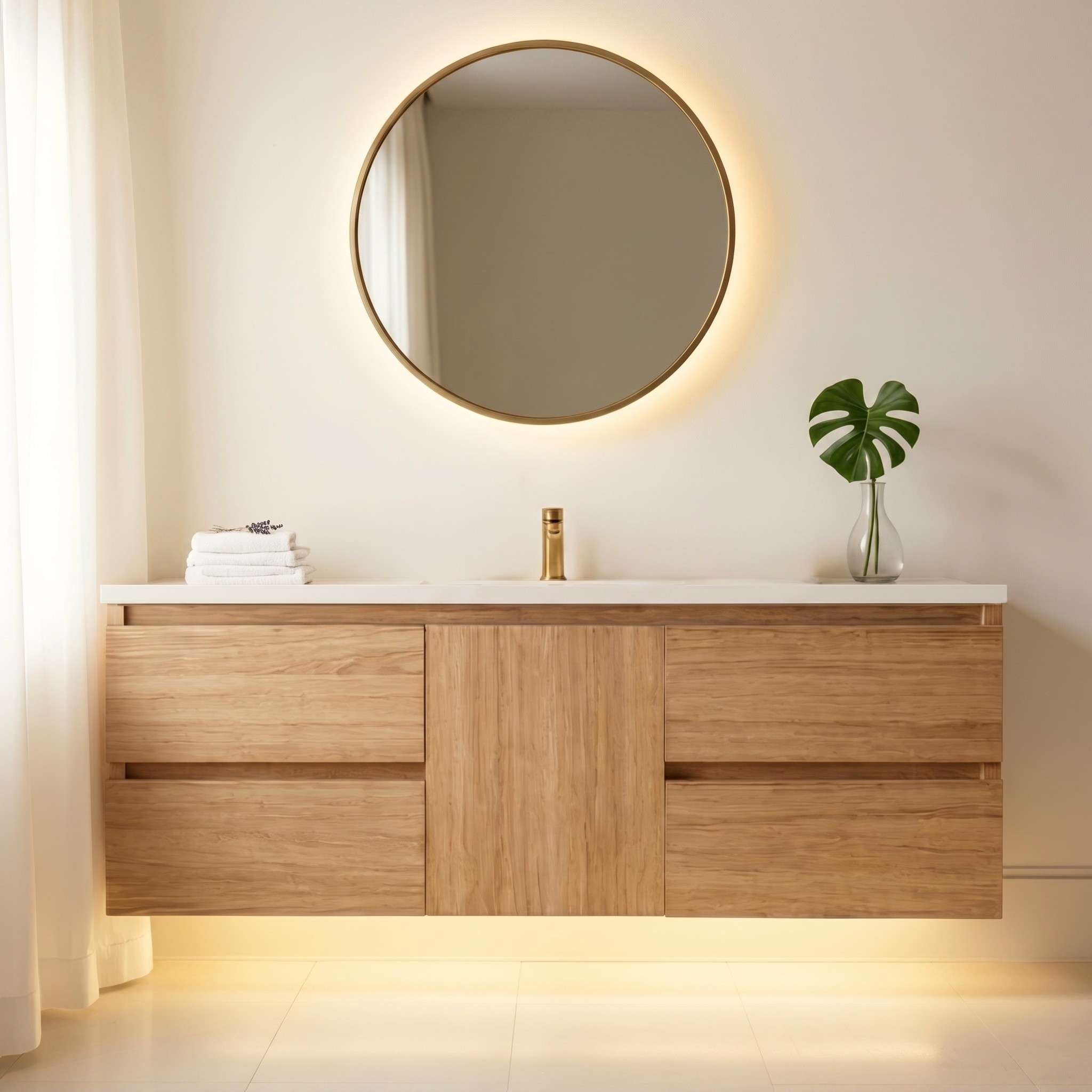 Silvana 48" Floating Bathroom Vanity with LED Light Sensor, Sintered Stone countertop, Single Ceramic Sink (Natural Oak)