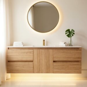 Silvana 48" Floating Bathroom Vanity with LED Light Sensor, Sintered Stone countertop, Single Ceramic Sink (Natural Oak)