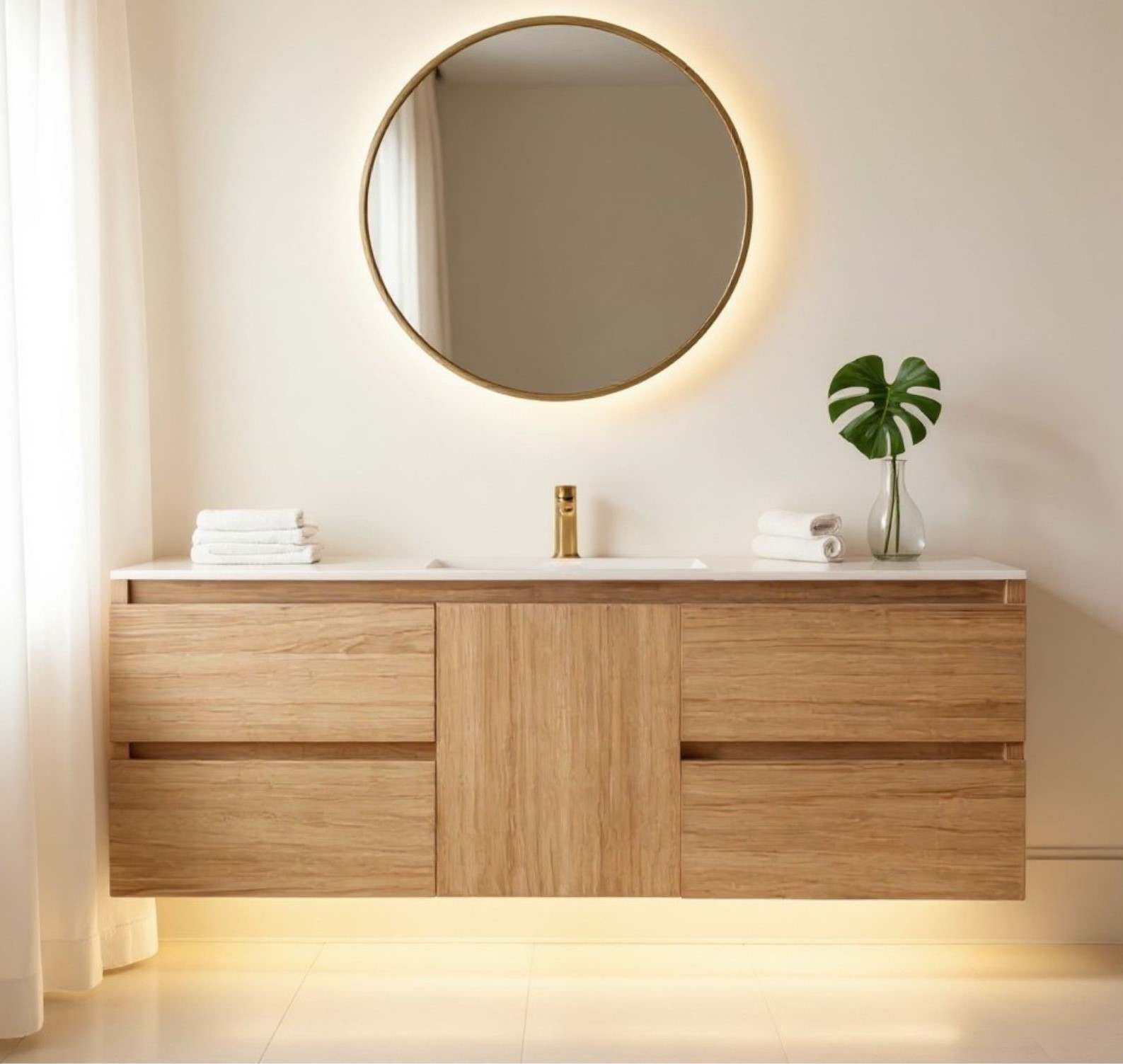 Silvana 48" Floating Bathroom Vanity with LED Light Sensor, Sintered Stone countertop, Single Ceramic Sink (Natural Oak)