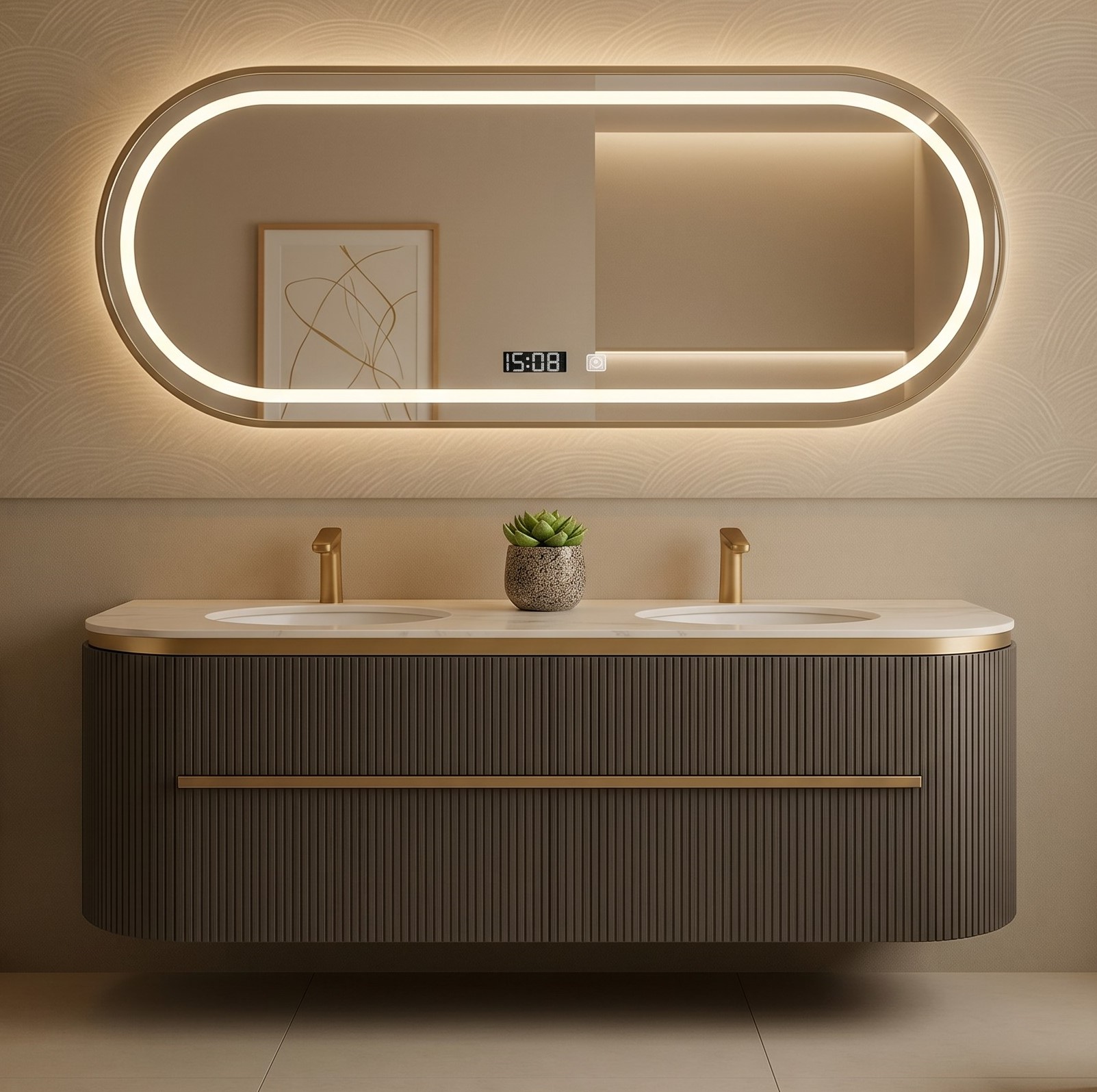 Ravena 60" Floating Bathroom Vanity with LED Smart Mirror, Sintered Stone Top, Double Sinks (Brown)