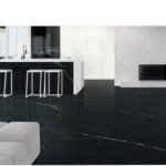 Armani black sintered stone slab used for kitchen backsplash, countertops, island, fireplace surround, flooring