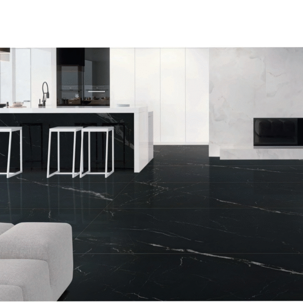 Armani black sintered stone slab used for kitchen backsplash, countertops, island, fireplace surround, flooring
