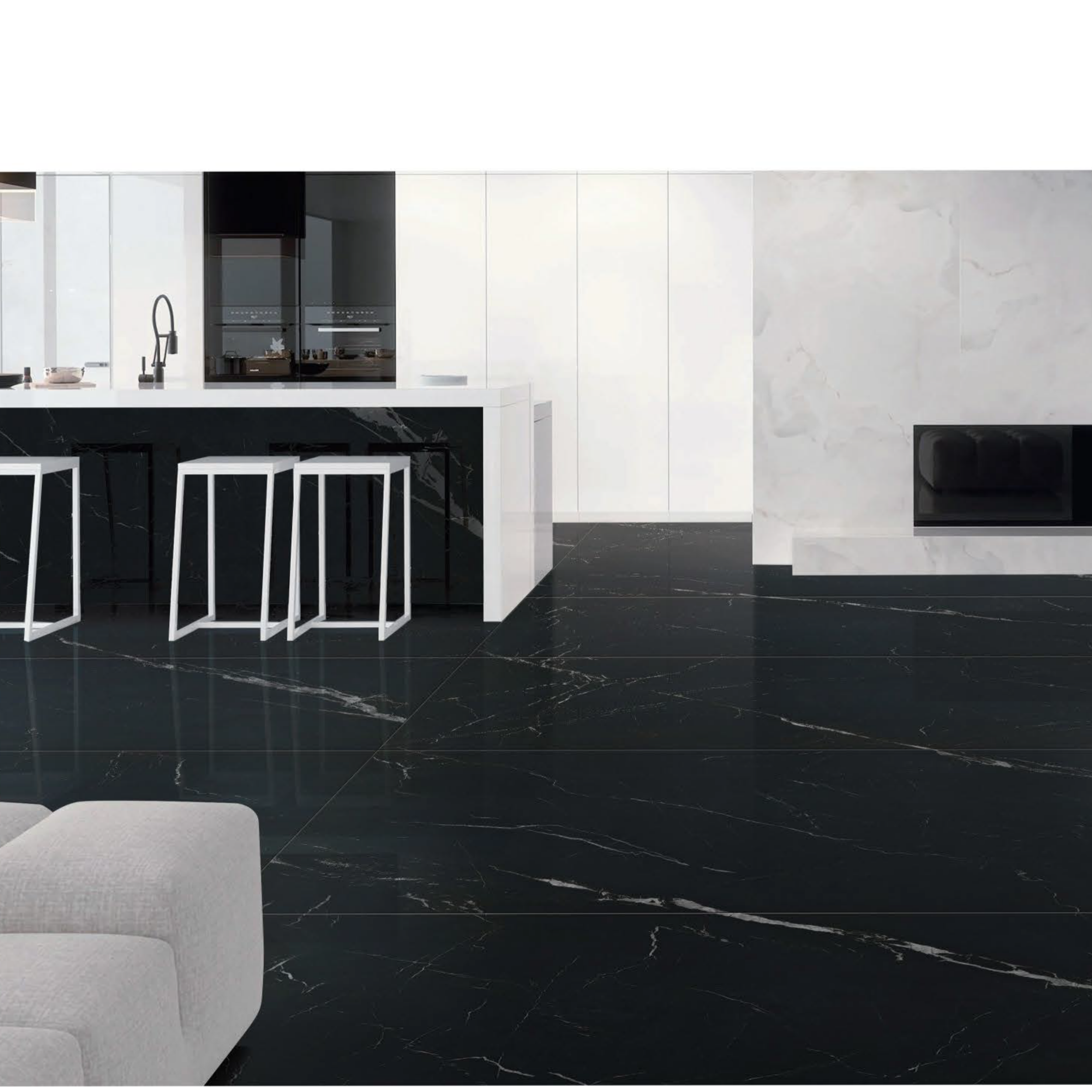 Armani black sintered stone slab used for kitchen backsplash, countertops, island, fireplace surround, flooring