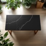 Armani black sintered stone slab used for kitchen backsplash, countertops, island, fireplace surround, flooring