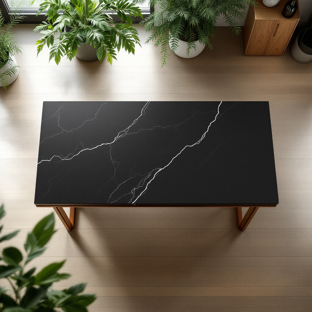 Armani black sintered stone slab used for kitchen backsplash, countertops, island, fireplace surround, flooring