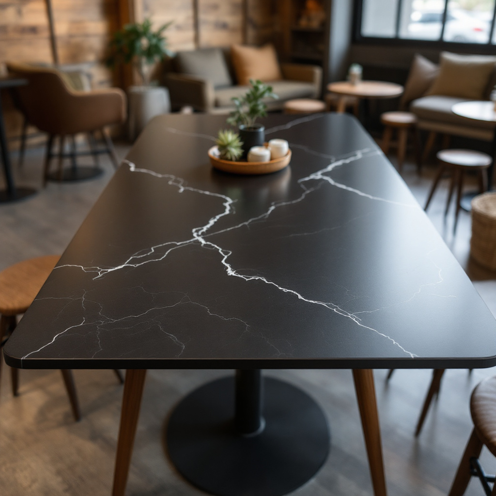 Armani black sintered stone slab used for kitchen backsplash, countertops, island, fireplace surround, flooring