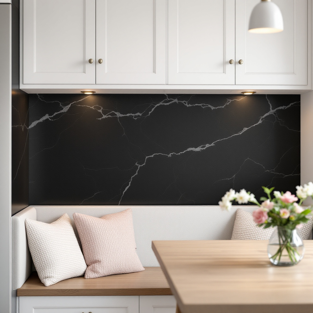 Armani black sintered stone slab used for kitchen backsplash, countertops, island, fireplace surround, flooring