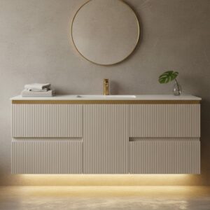 Valencia 48 inch Wall Mount Bathroom Vanity, with LED Light Motion Sensor, Water Resistant Wood Cabinet, Brushed Gold Strip, Heavy Duty Sintered Stone CounterTop, Ceramic Sink, Valencia (Greige)