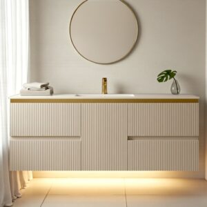 Valencia 48 inch Wall Mount Bathroom Vanity, with LED Light Motion Sensor, Water Resistant Wood Cabinet, Brushed Gold Strip, Heavy Duty Sintered Stone CounterTop, Ceramic Sink, Valencia (Greige)