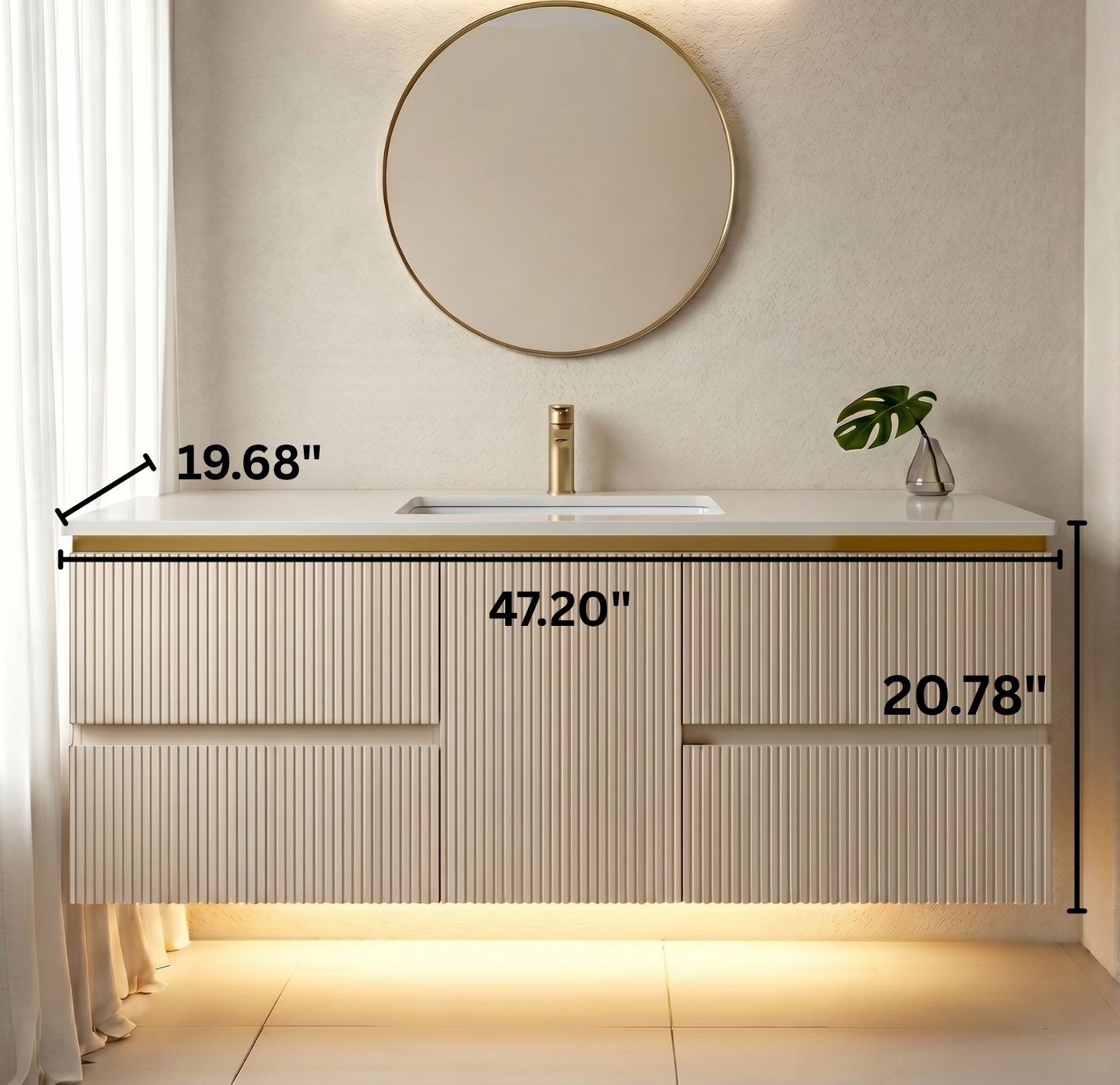 Valencia 48 inch Wall Mount Bathroom Vanity, with LED Light Motion Sensor, Water Resistant Wood Cabinet, Brushed Gold Strip, Heavy Duty Sintered Stone CounterTop, Ceramic Sink, Valencia (Greige) - Image 3