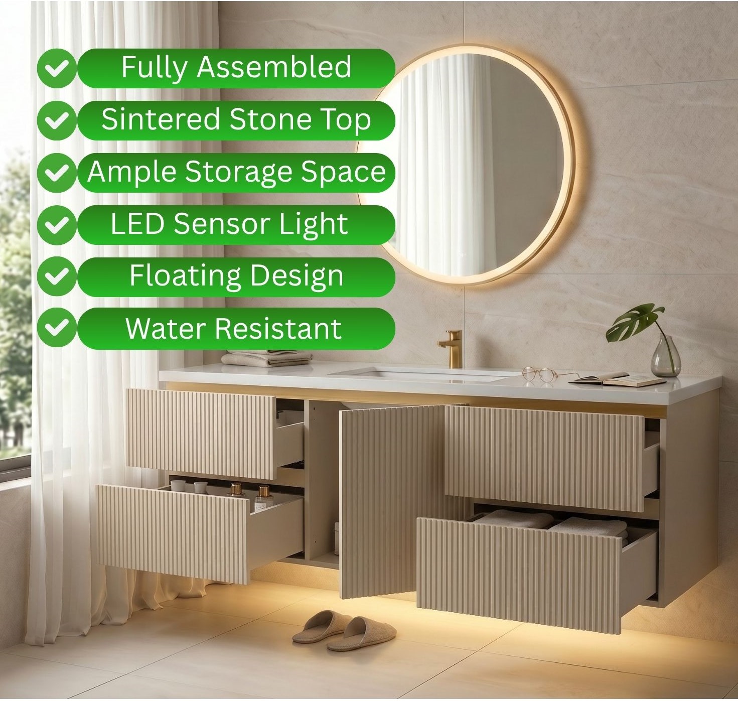 Valencia 48 inch Wall Mount Bathroom Vanity, with LED Light Motion Sensor, Water Resistant Wood Cabinet, Brushed Gold Strip, Heavy Duty Sintered Stone CounterTop, Ceramic Sink, Valencia (Greige) - Image 5