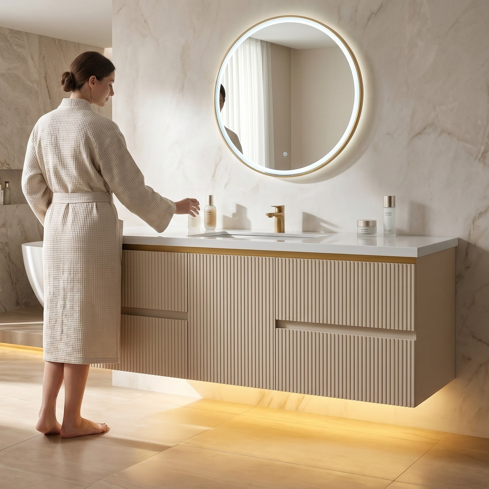 Valencia 48 inch Wall Mount Bathroom Vanity, with LED Light Motion Sensor, Water Resistant Wood Cabinet, Brushed Gold Strip, Heavy Duty Sintered Stone CounterTop, Ceramic Sink, Valencia (Greige) - Image 6
