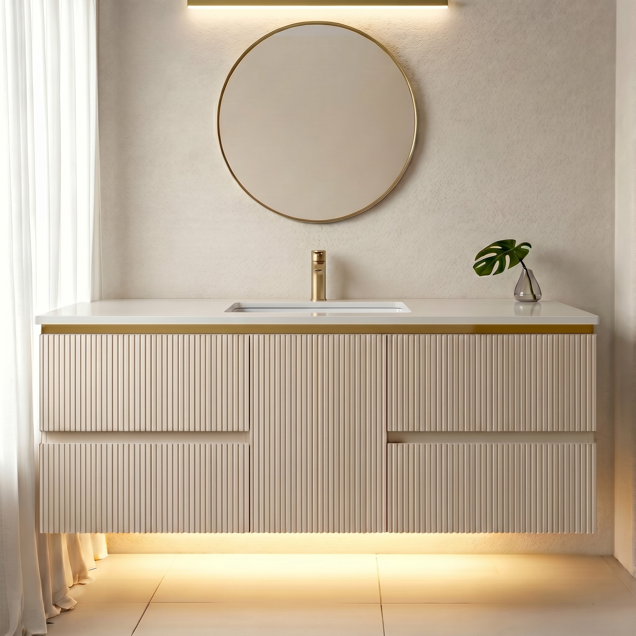 Valencia 48 inch Wall Mount Bathroom Vanity, with LED Light Motion Sensor, Water Resistant Wood Cabinet, Brushed Gold Strip, Heavy Duty Sintered Stone CounterTop, Ceramic Sink, Valencia (Greige)