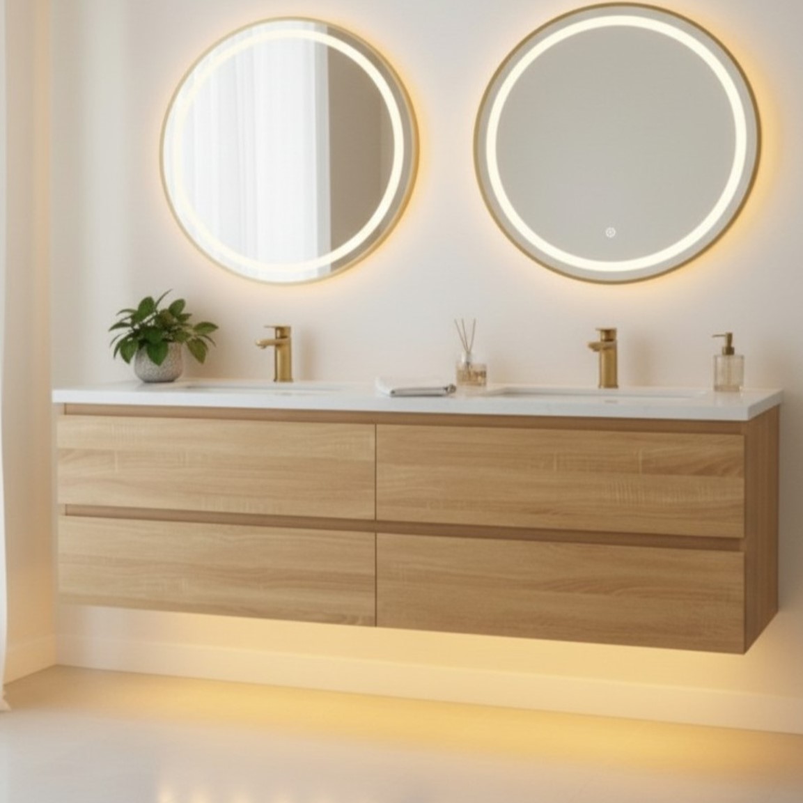 Lucia 60" Floating Bathroom Vanity with LED Light Sensor, Sintered Stone countertop, Double Ceramic Sink (Natural Oak)