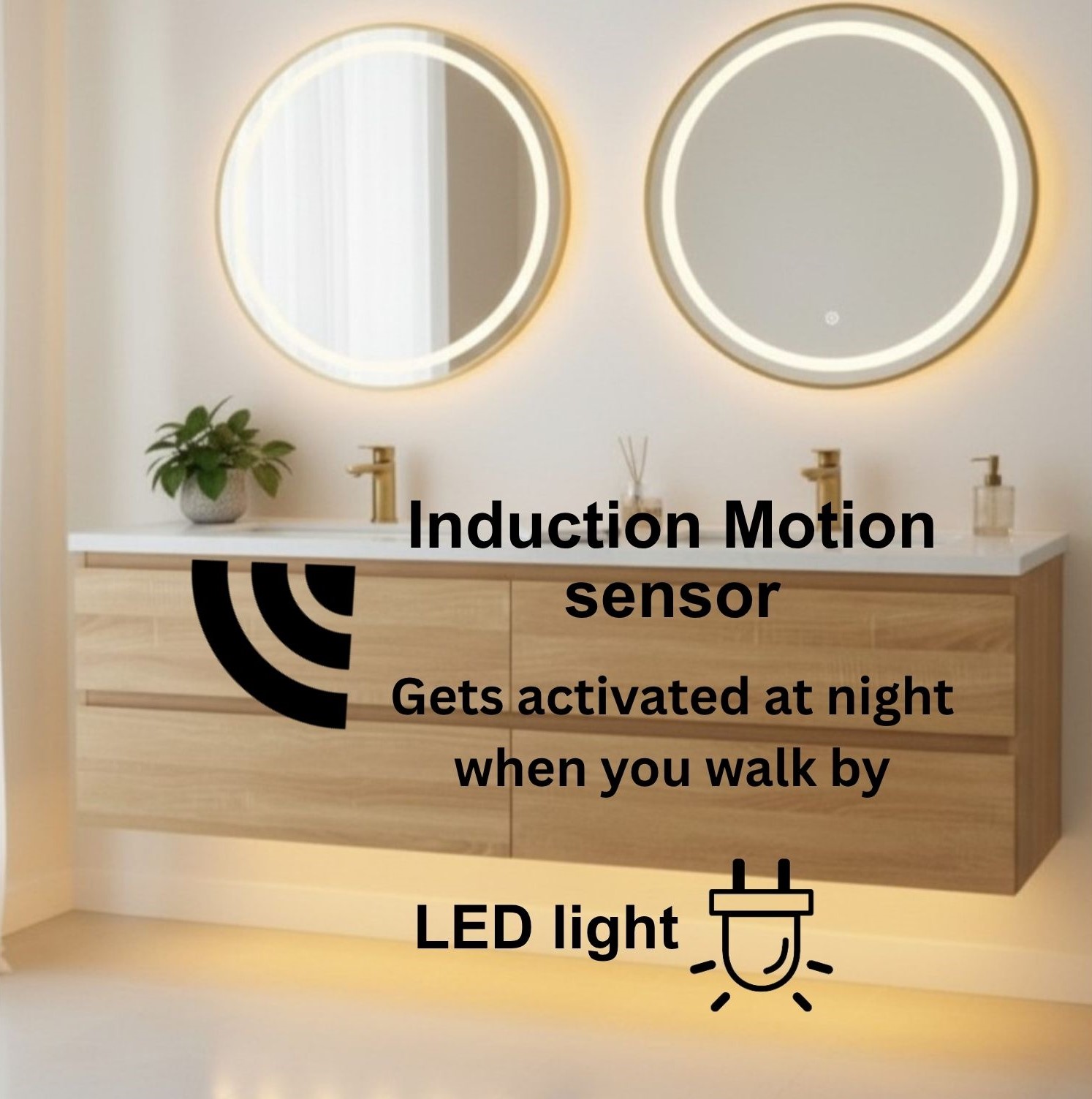 Lucia 60" Floating Bathroom Vanity with LED Light Sensor, Sintered Stone countertop, Double Ceramic Sink (Natural Oak) - Image 2