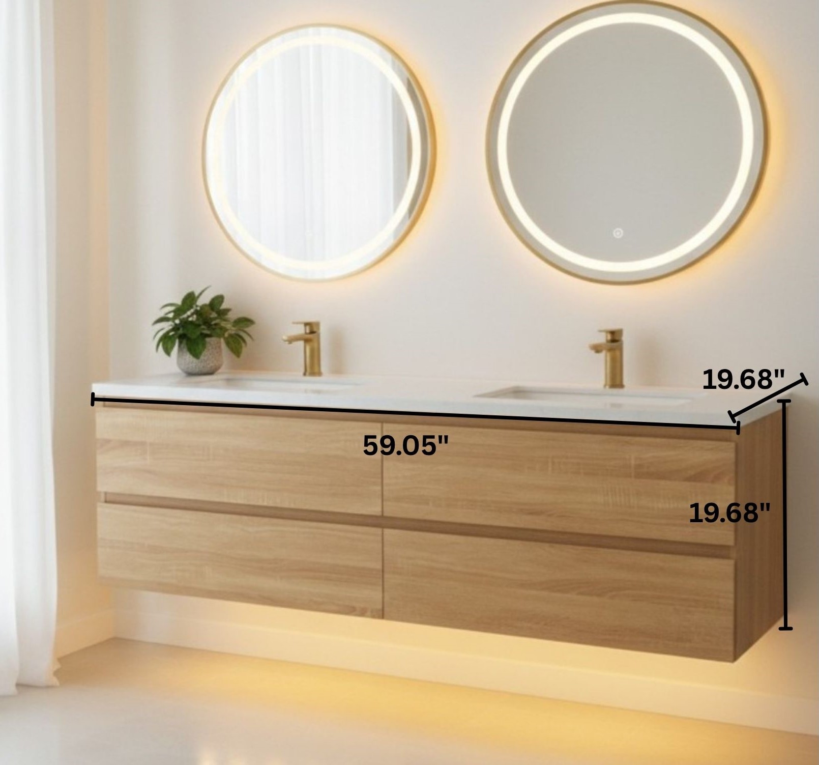 Lucia 60" Floating Bathroom Vanity with LED Light Sensor, Sintered Stone countertop, Double Ceramic Sink (Natural Oak) - Image 3