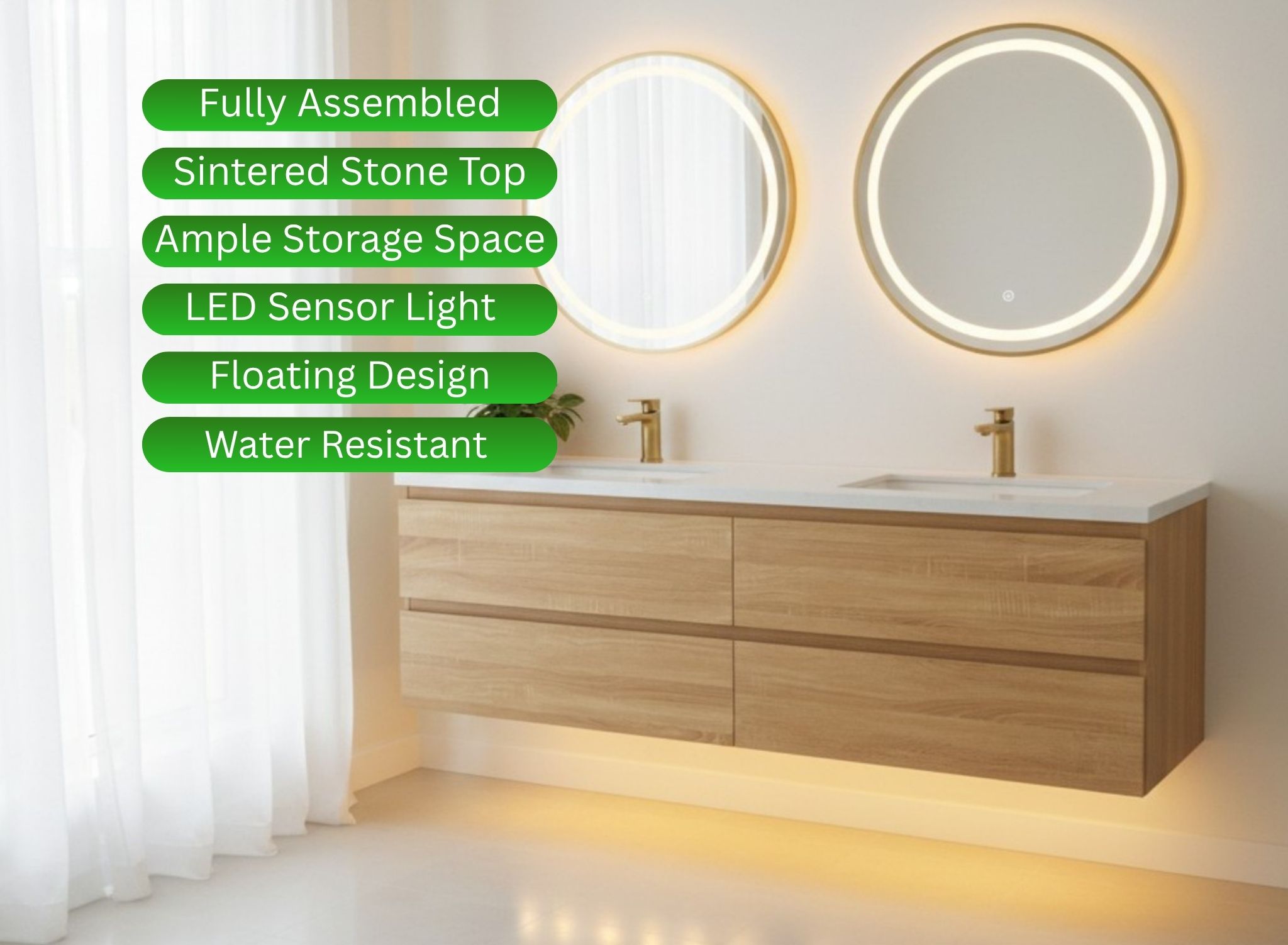 Lucia 60" Floating Bathroom Vanity with LED Light Sensor, Sintered Stone countertop, Double Ceramic Sink (Natural Oak) - Image 6
