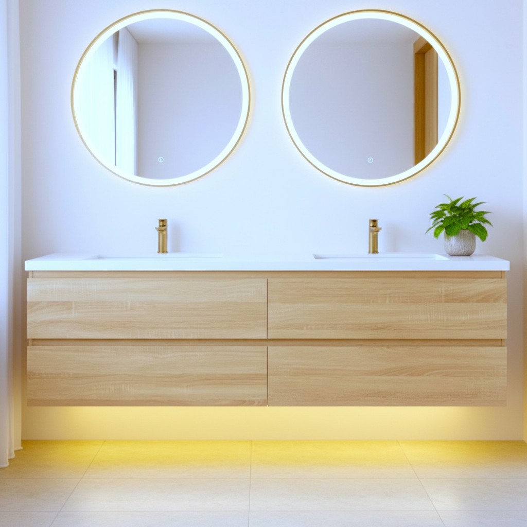 Lucia 60" Floating Bathroom Vanity with LED Light Sensor, Sintered Stone countertop, Double Ceramic Sink (Natural Oak)