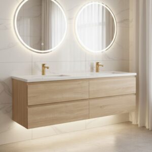 Lucia 60" Floating Bathroom Vanity with LED Light Sensor, Sintered Stone countertop, Double Ceramic Sink (Natural Oak)