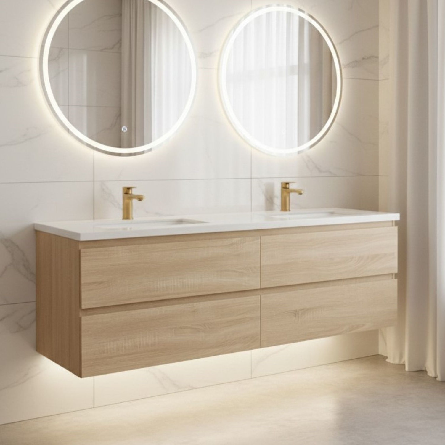 Lucia 60" Floating Bathroom Vanity with LED Light Sensor, Sintered Stone countertop, Double Ceramic Sink (Natural Oak)