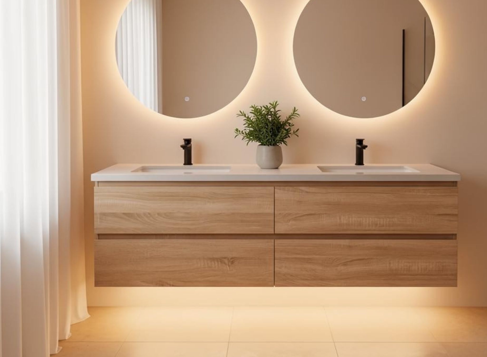 Lucia 60" Floating Bathroom Vanity with LED Light Sensor, Sintered Stone countertop, Double Ceramic Sink (Natural Oak)