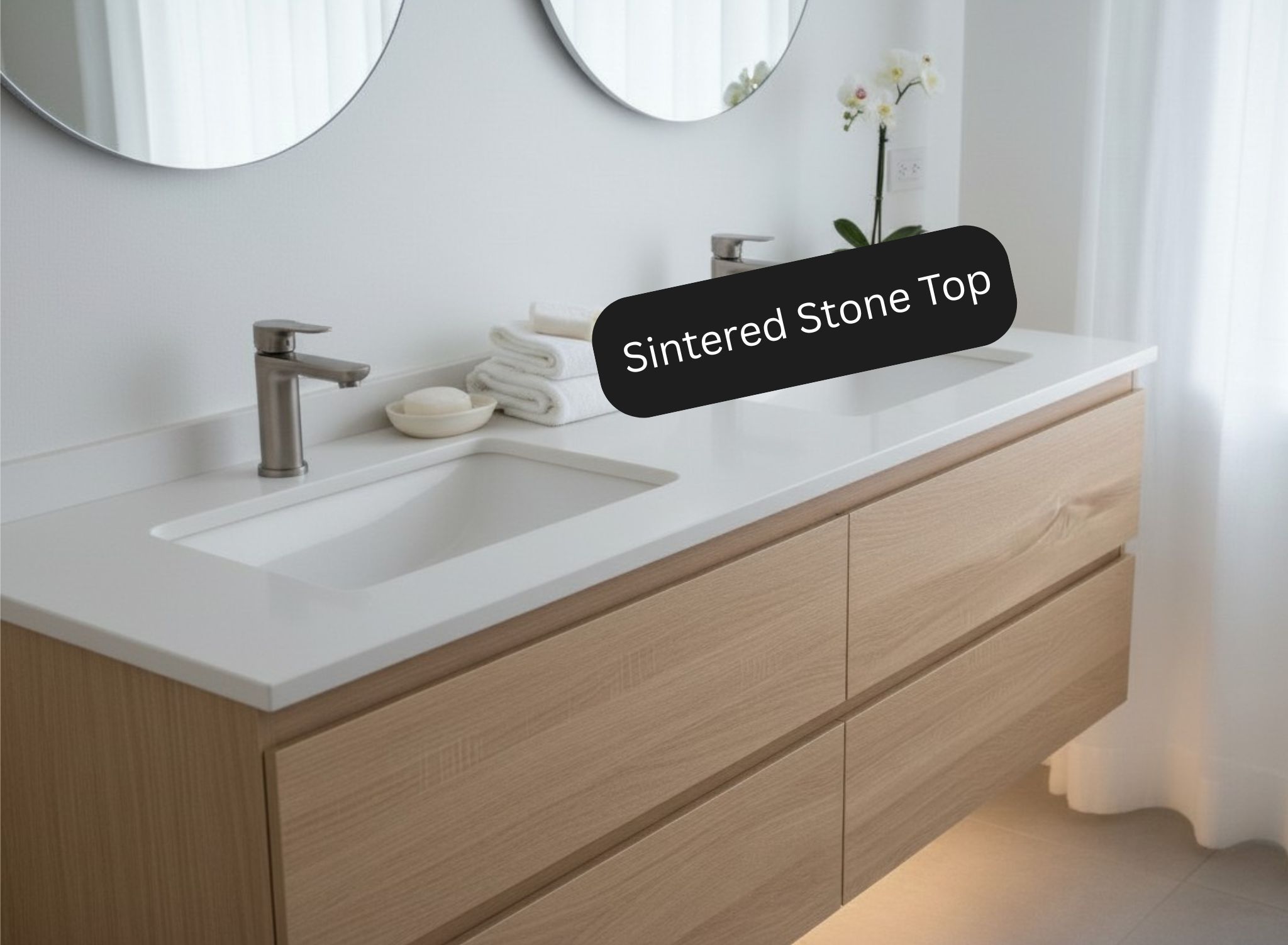 Lucia 60" Floating Bathroom Vanity with LED Light Sensor, Sintered Stone countertop, Double Ceramic Sink (Natural Oak) - Image 5