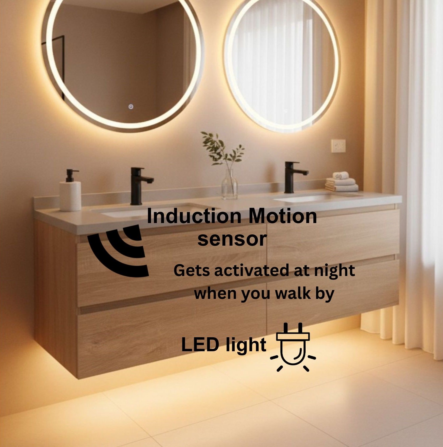 Lucia 60" Floating Bathroom Vanity with LED Light Sensor, Sintered Stone countertop, Double Ceramic Sink (Natural Oak) - Image 2