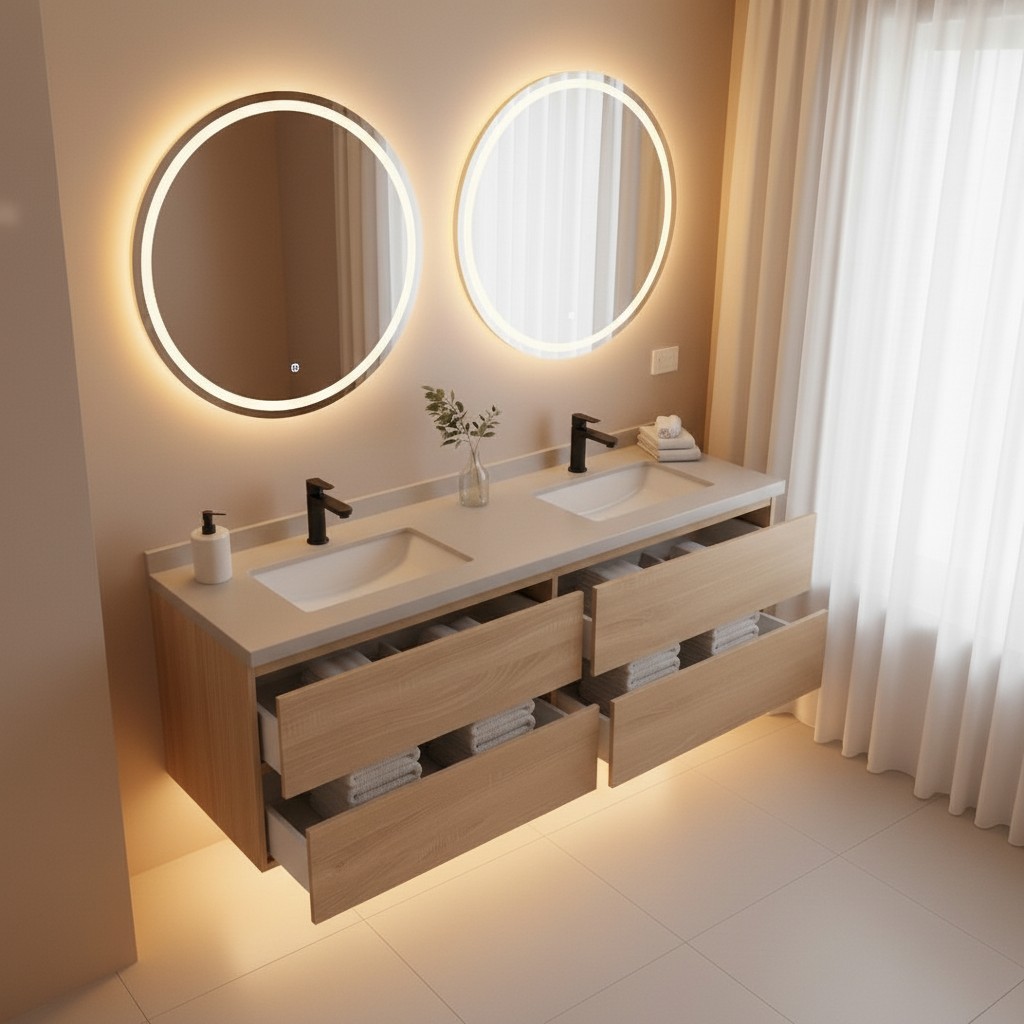 Lucia 60" Floating Bathroom Vanity with LED Light Sensor, Sintered Stone countertop, Double Ceramic Sink (Natural Oak) - Image 6