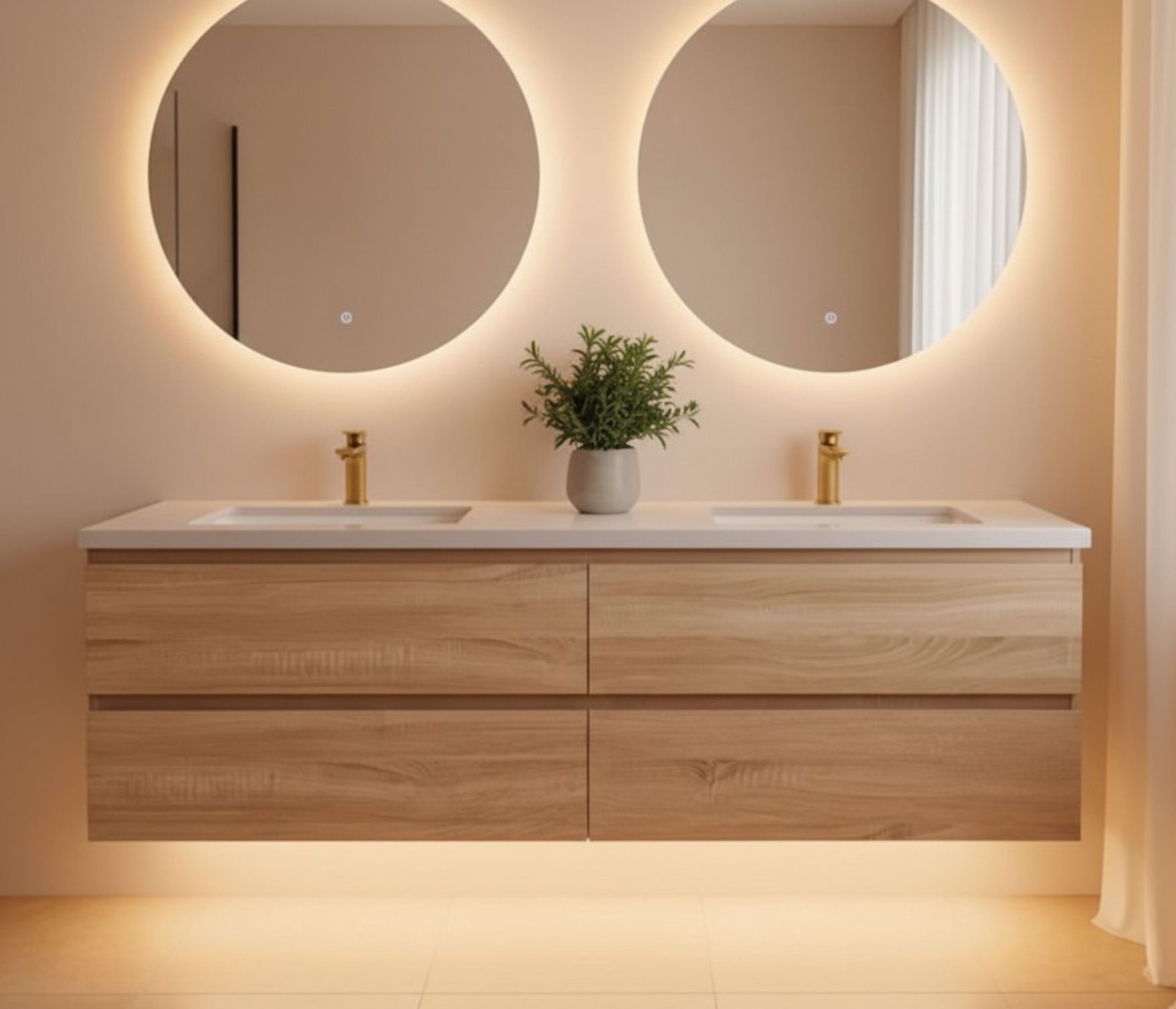 Lucia 60" Floating Bathroom Vanity with LED Light Sensor, Sintered Stone countertop, Double Ceramic Sink (Natural Oak)
