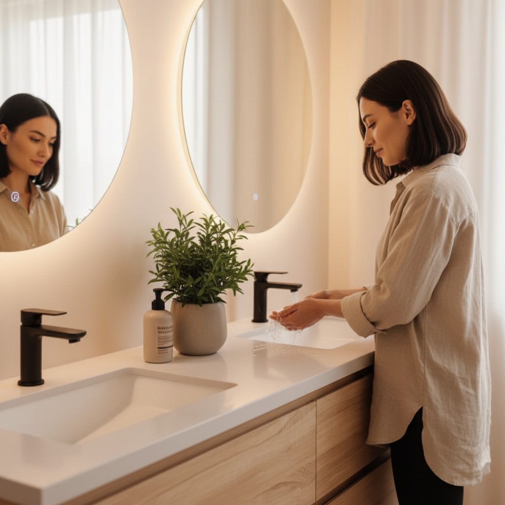 Lucia 60" Floating Bathroom Vanity with LED Light Sensor, Sintered Stone countertop, Double Ceramic Sink (Natural Oak) - Image 4