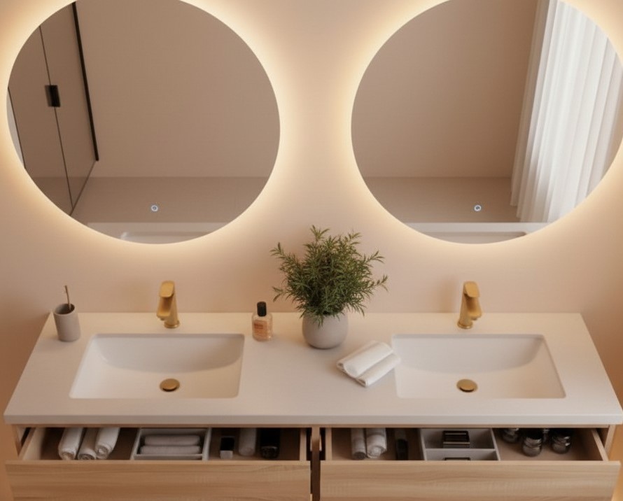 Lucia 60" Floating Bathroom Vanity with LED Light Sensor, Sintered Stone countertop, Double Ceramic Sink (Natural Oak) - Image 7