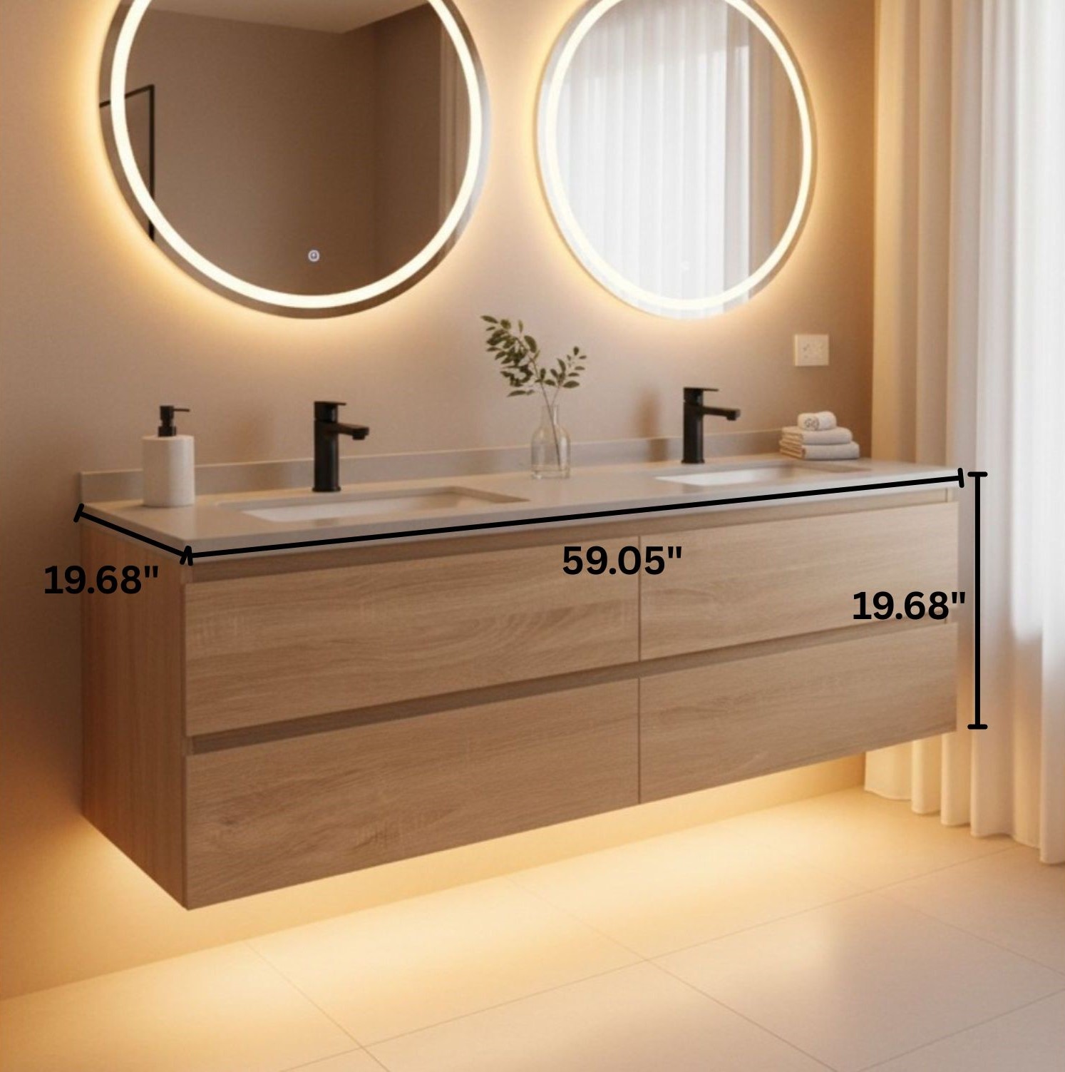 Lucia 60" Floating Bathroom Vanity with LED Light Sensor, Sintered Stone countertop, Double Ceramic Sink (Natural Oak) - Image 3