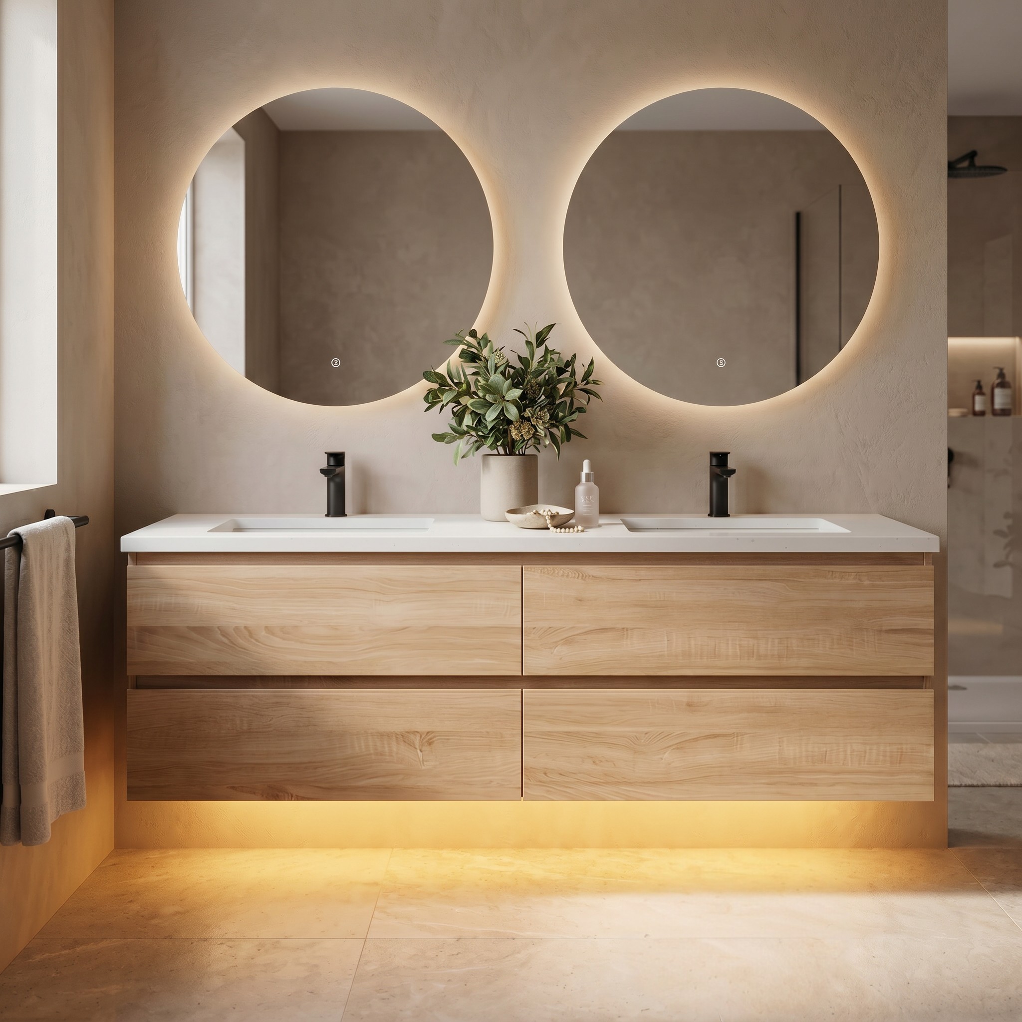 Lucia 60" Floating Bathroom Vanity with LED Light Sensor, Sintered Stone countertop, Double Ceramic Sink (Natural Oak)
