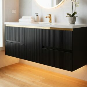 Valencia 48 inch Wall Mount Bathroom Vanity, with LED Light Motion Sensor, Water Resistant Wood Cabinet, Brushed Gold Strip, Heavy Duty Sintered Stone CounterTop, Ceramic Sink, Valencia (Black)